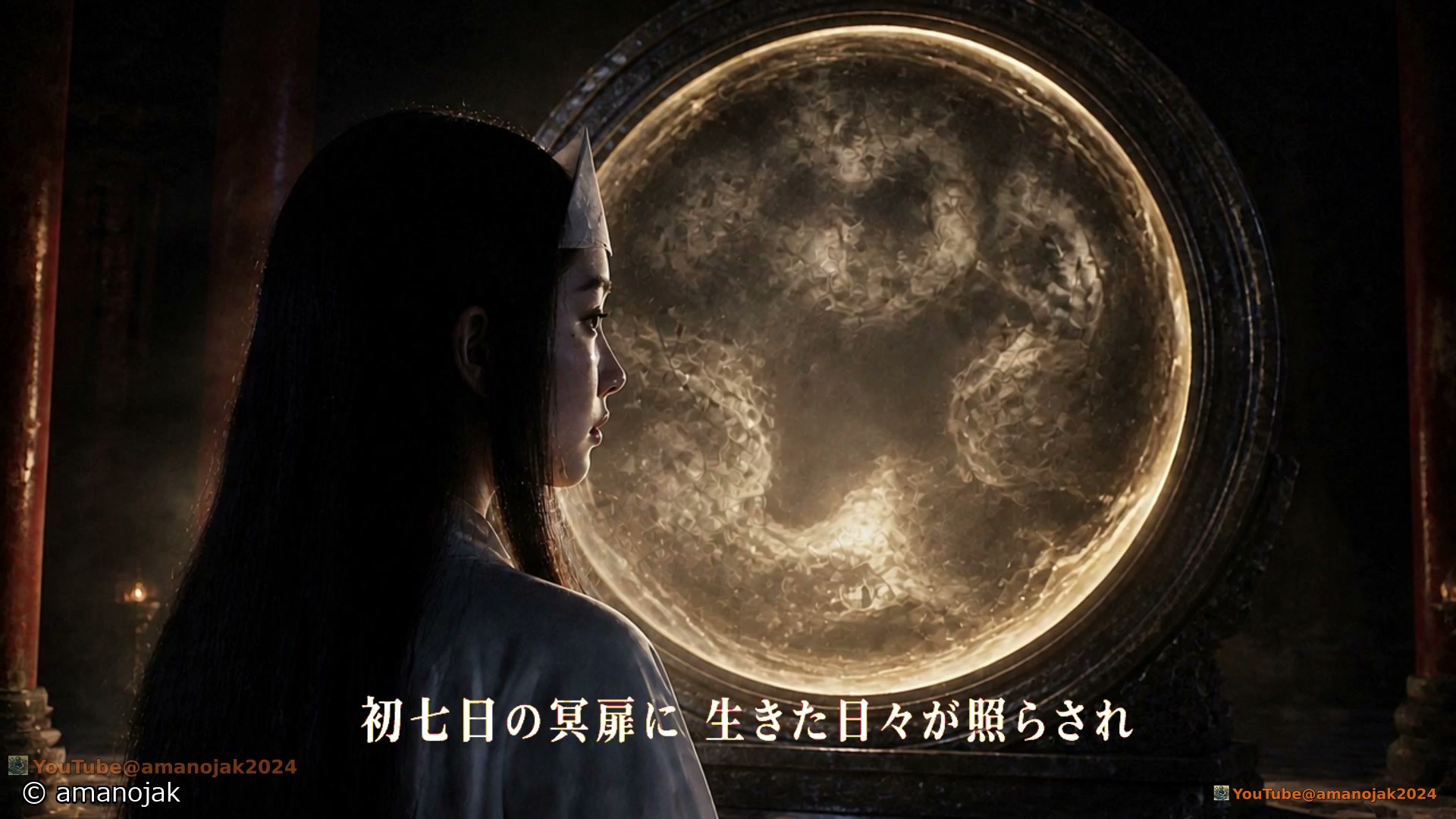 巨大な月の門の前に立つ女性の横顔と初七日の冥扉の歌詞