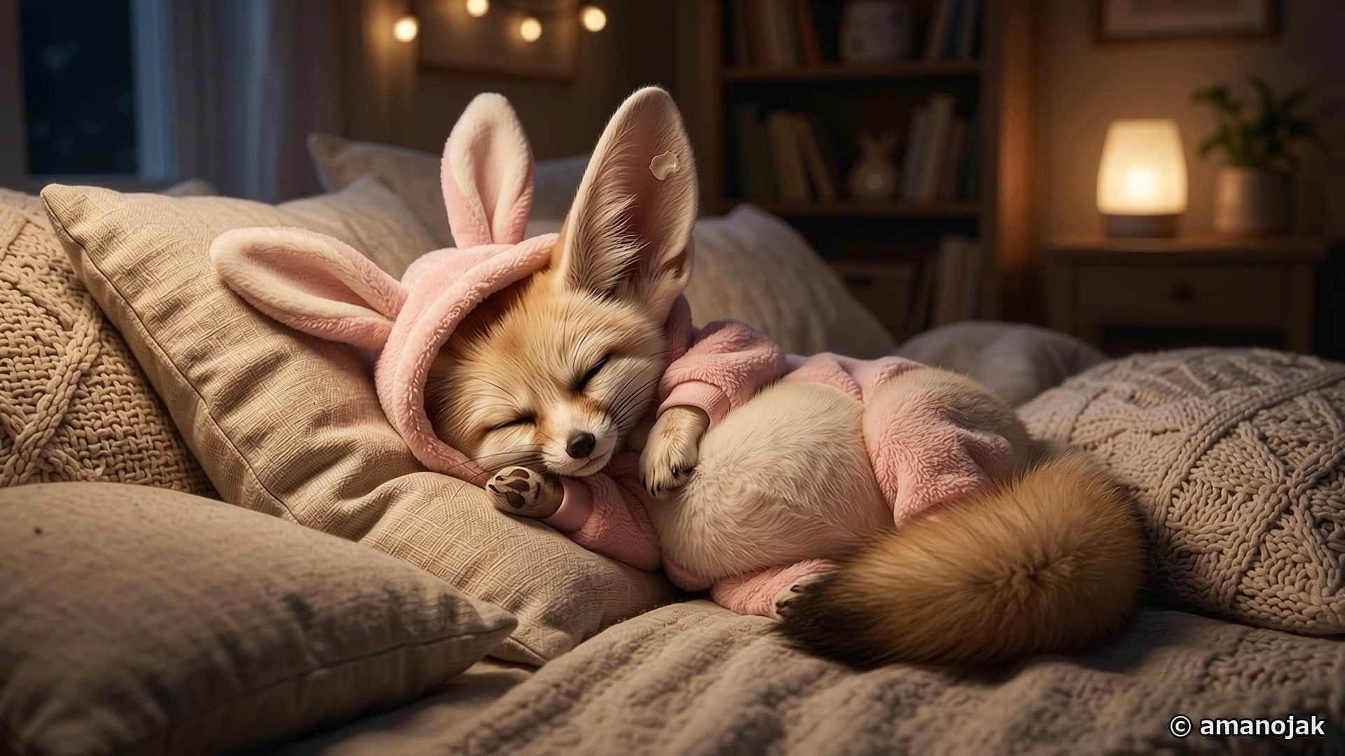 お腹いっぱいでベッドですやすや眠るフェネックのモチ