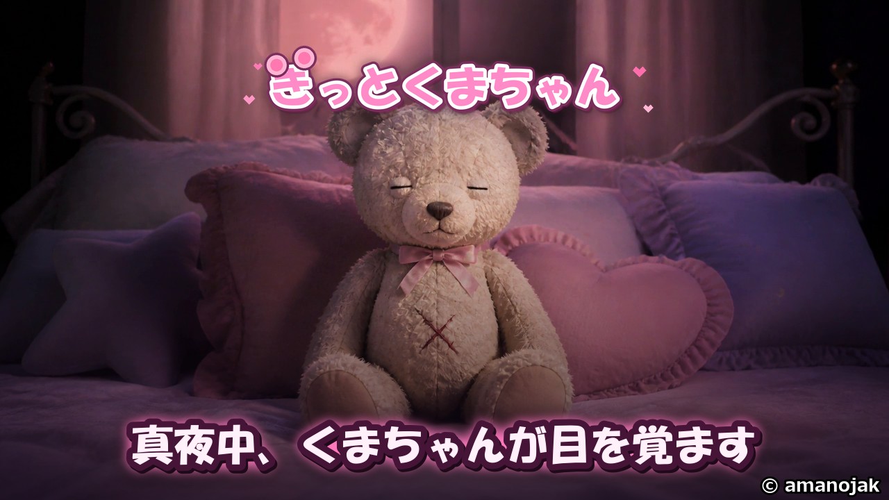 真夜中のベッドで目を覚ましたくまちゃんと、驚きながら手を伸ばす少女のキービジュアル