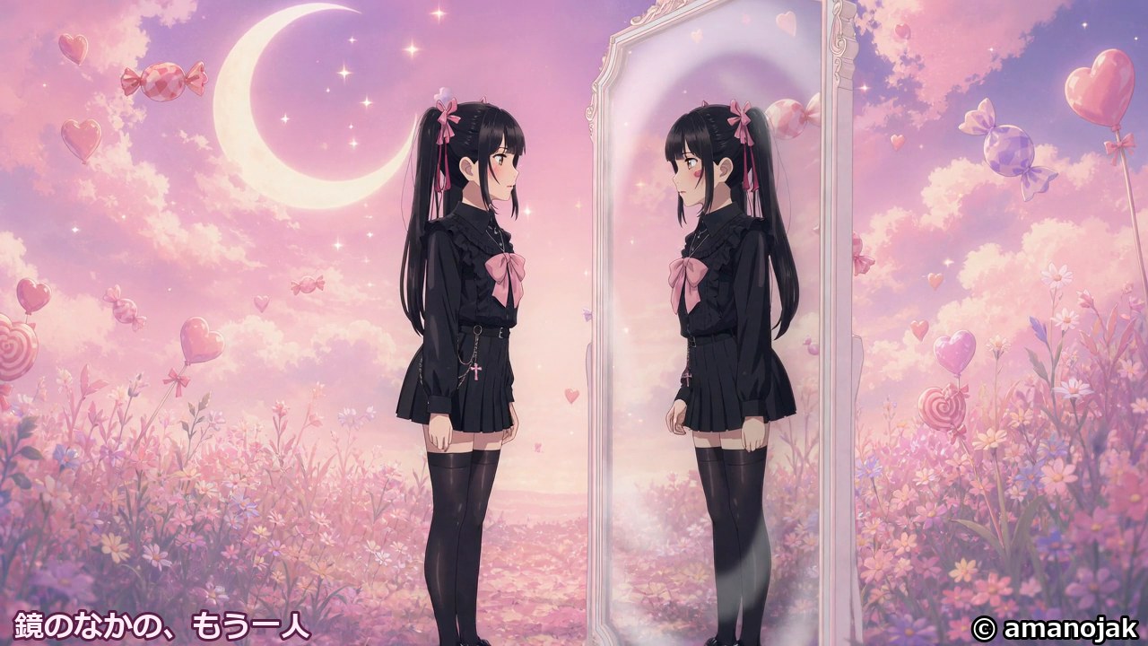 背景透過した少女、くまちゃん、星、鏡を前景と背景へ重ね、二重露光と分身と発光を加えた多層合成画面