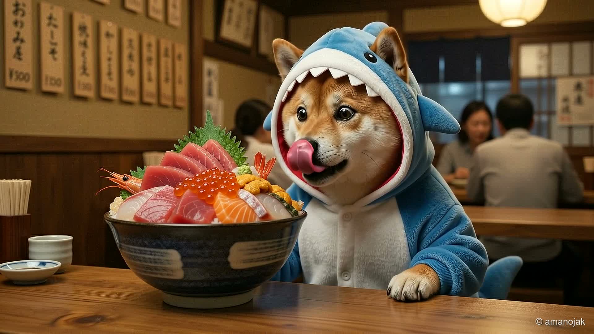 サメの着ぐるみを着た柴犬いっぬが居酒屋で海鮮丼を前にしている