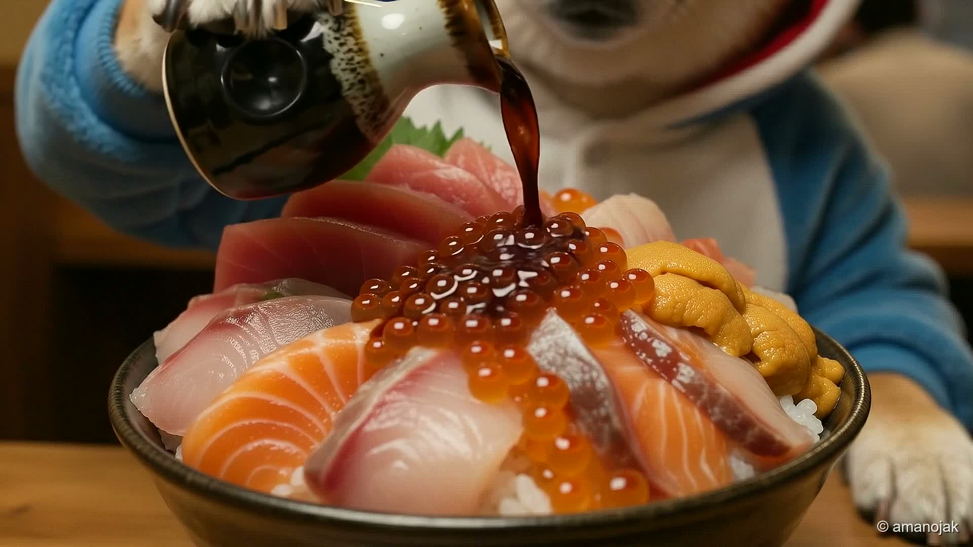 海鮮丼に醤油をとろりとかける瞬間のアップ