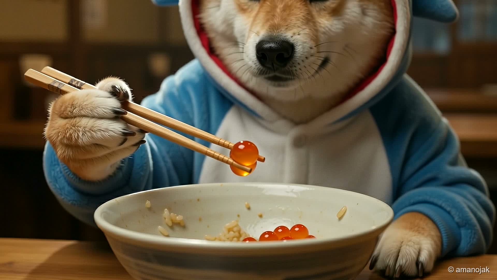 柴犬のいっぬが箸でいくらを一粒つまむ