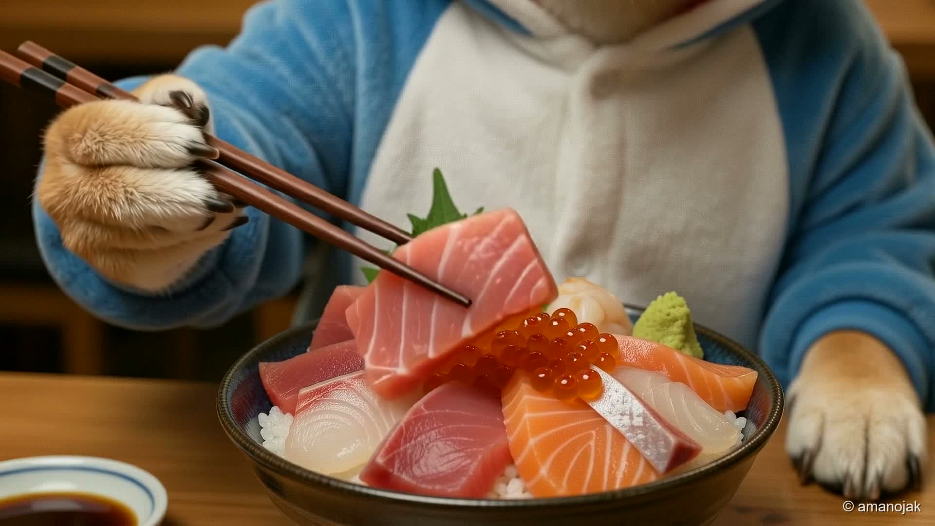 マグロの刺身を箸でつかむいっぬ