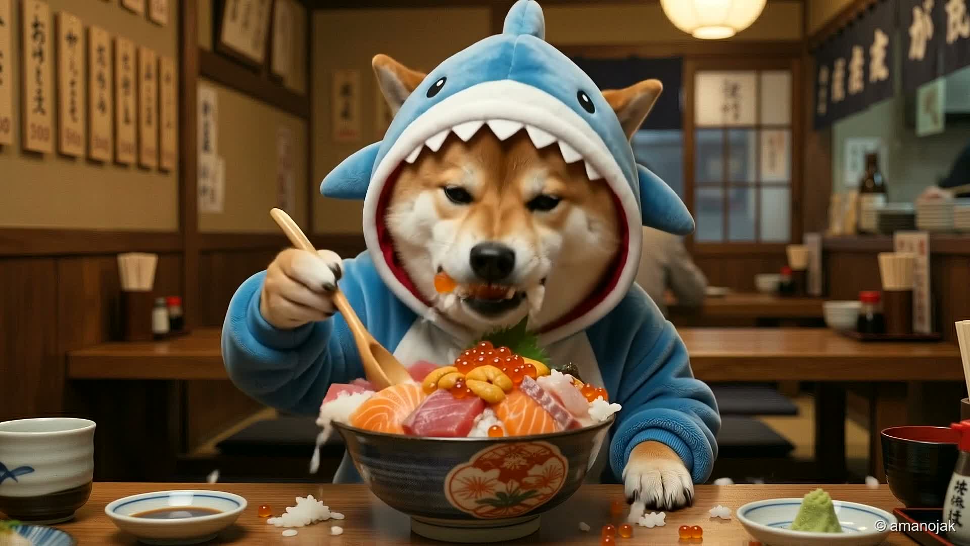夢中で海鮮丼を食べ散らかすいっぬ