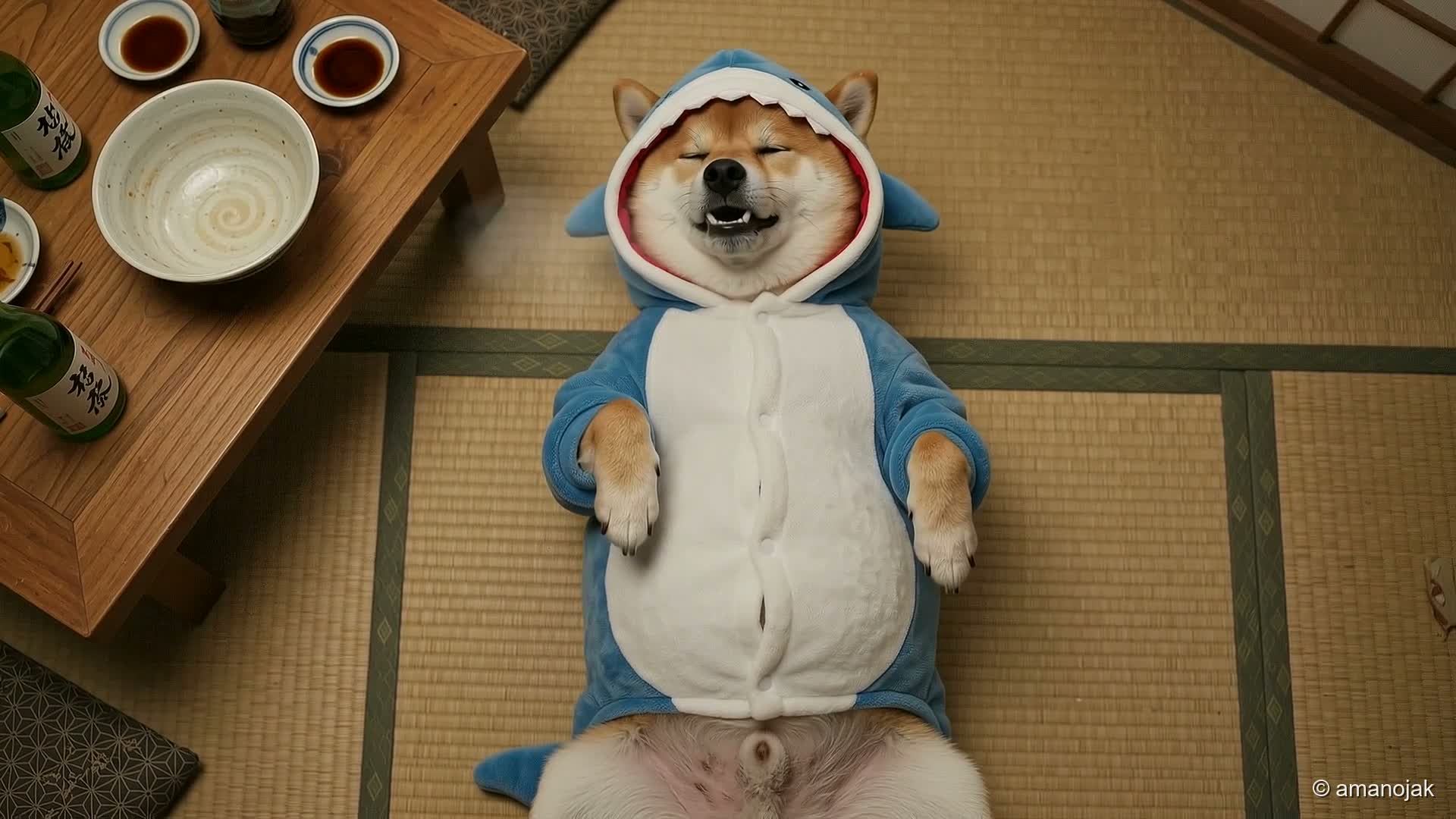 満腹で畳の上に仰向けに転がるいっぬ