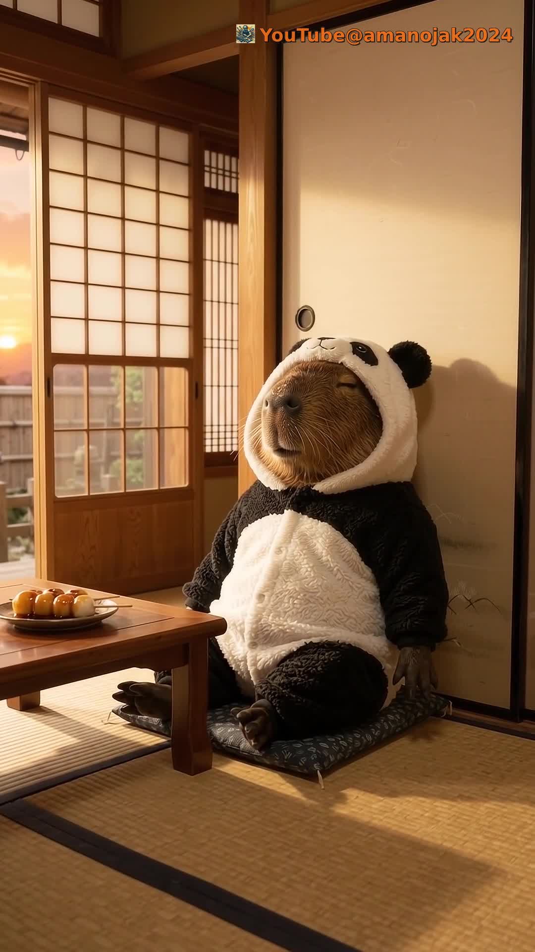 夕暮れの和室で満足そうに休むカピバラ