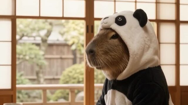 パンダの着ぐるみ姿でみたらし団子を待つカピバラ