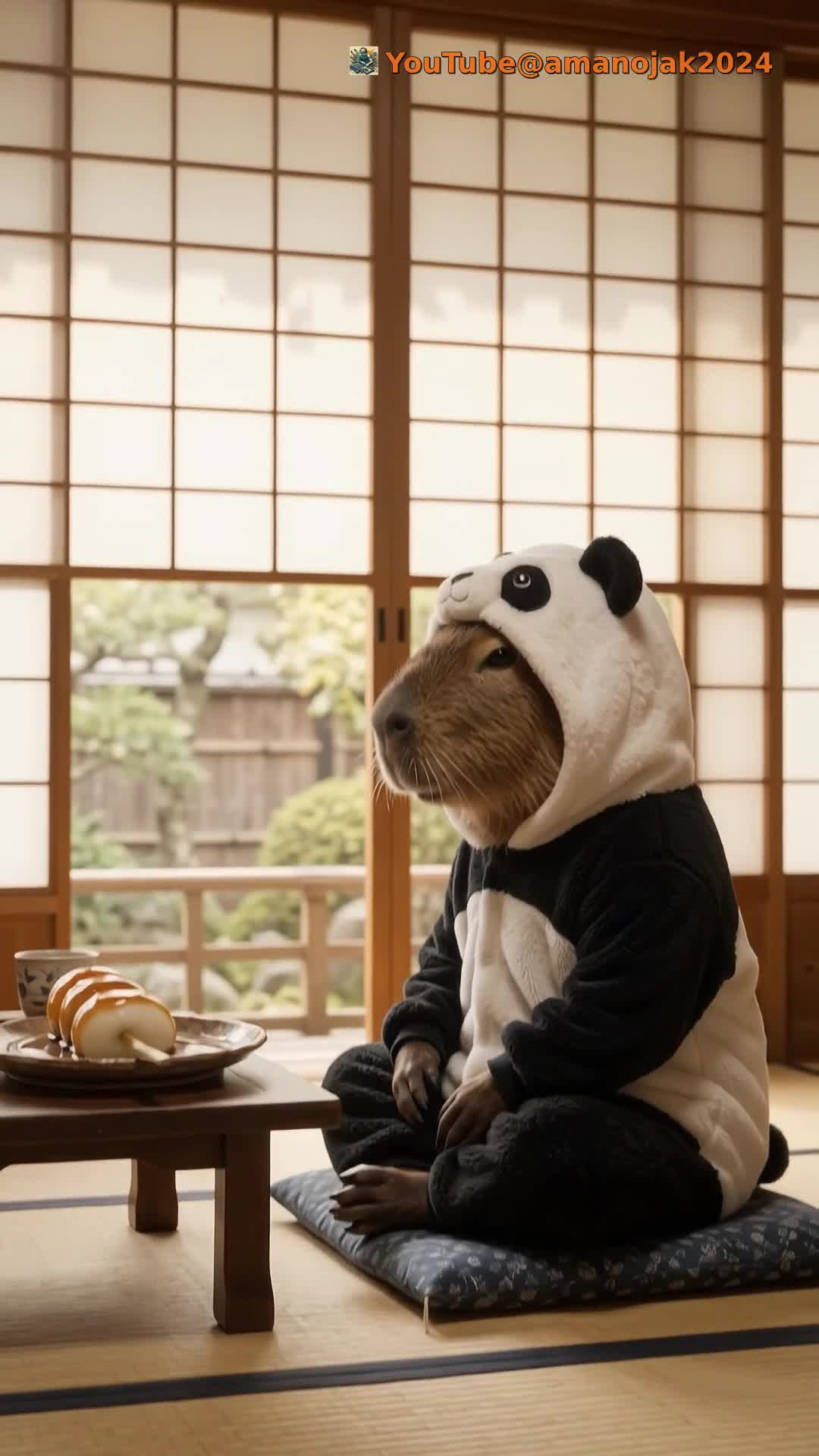 和室で団子を前に座るパンダ姿のカピバラ