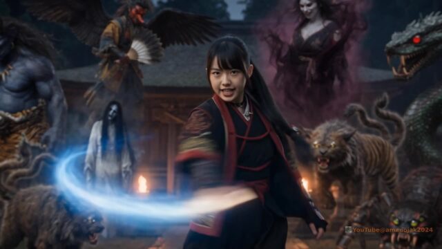 護符を手に妖怪と向き合う灯｜巫女と幻獣