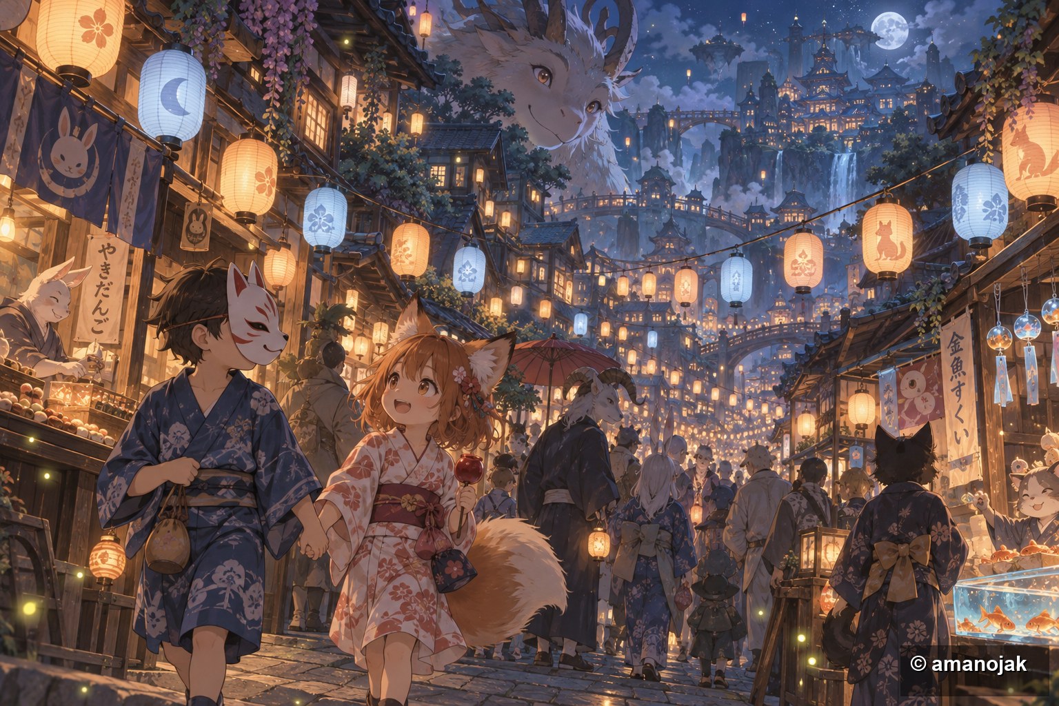 浮遊ランタンが灯る夜のお祭りみたいな通り