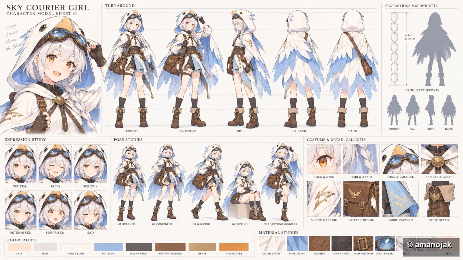 空の配達少女のキャラクターシート、向きや表情や衣装の設定