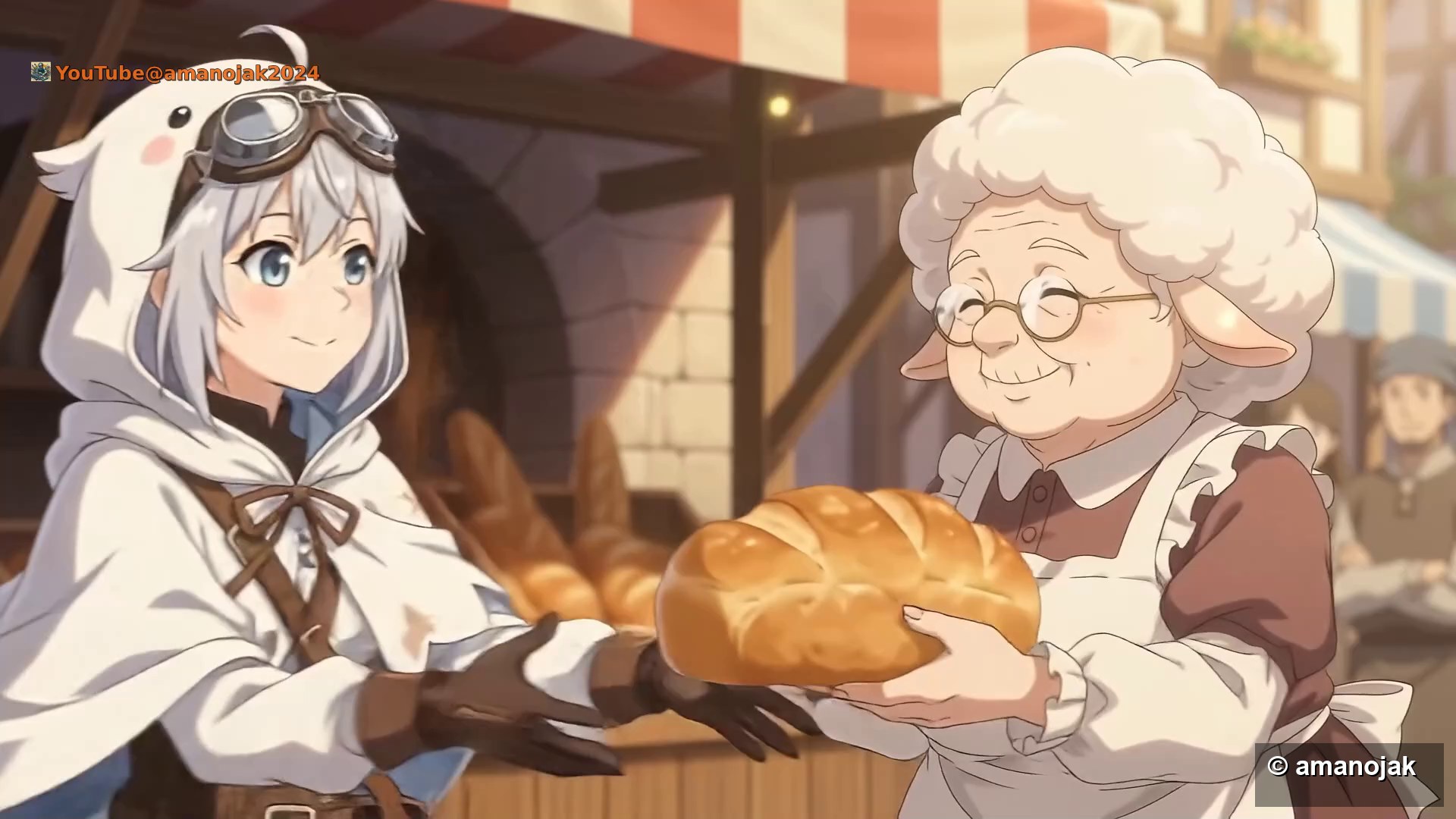 焼きたてのパンを受け取る配達少女と、羊のパン屋のおばあちゃん
