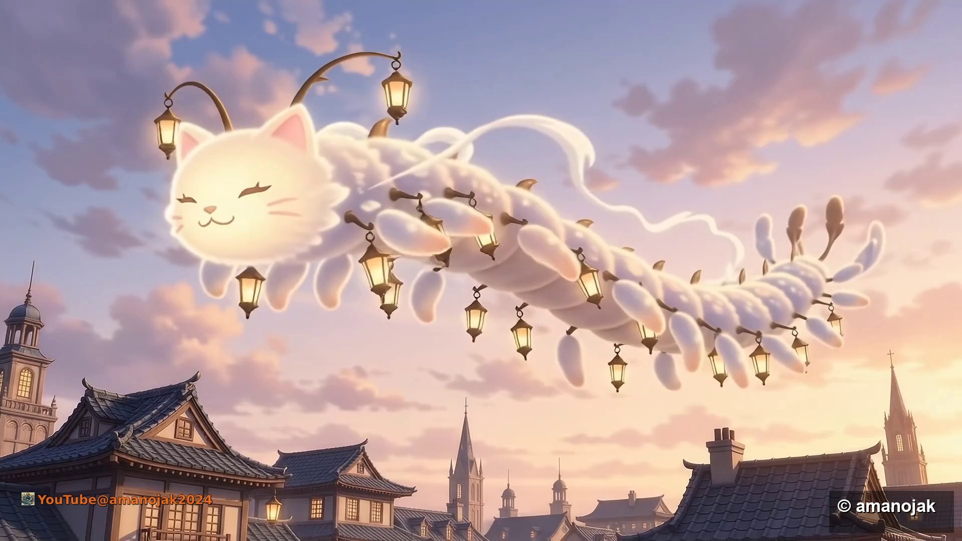 雲がねこの形になり、浮遊ランタンが灯る夕暮れの空