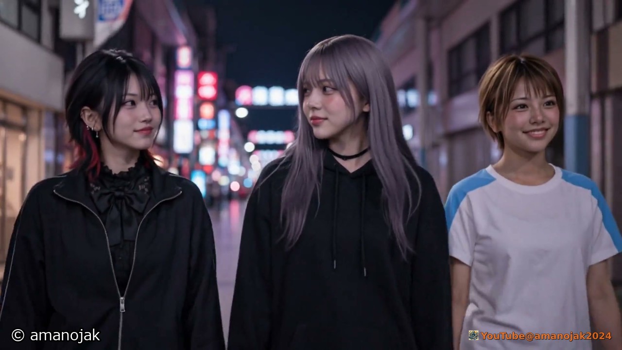 夜の繁華街を並んで歩く3人の女の子。左に黒髪に赤いインナーカラーの流涙、真ん中に紫がかった長い髪の夜魅、右に茶色のショートヘアの灯夏