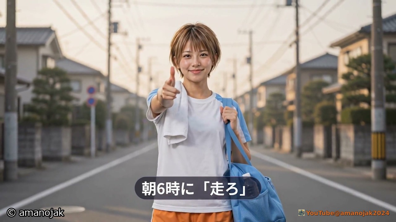 朝の住宅街の道でタオルを首にかけ親指を立てる灯夏。朝6時に走ろ、の文字