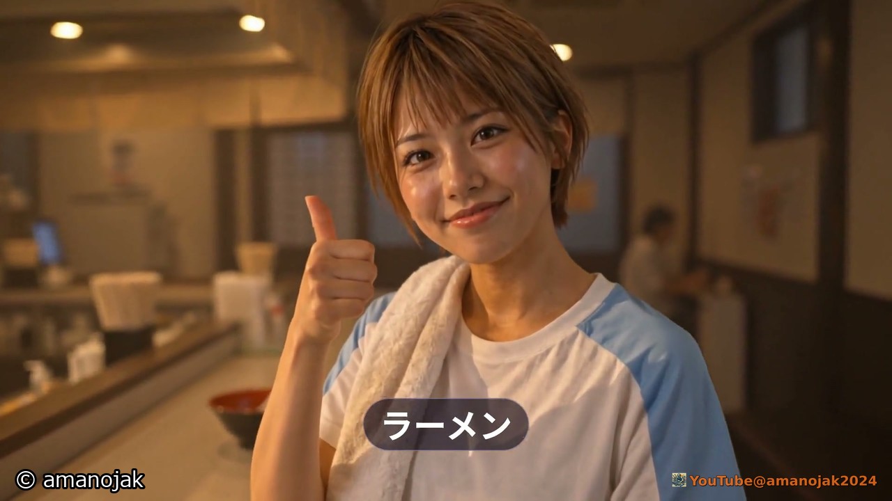 お店の中でタオルを首にかけ親指を立てる灯夏。ラーメン、の文字