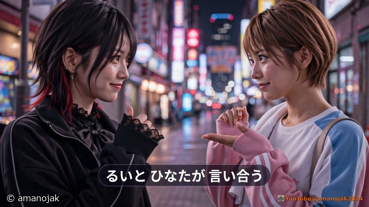 ネオンの通りで向かい合う流涙と灯夏。るいとひなたが言い合う、の文字