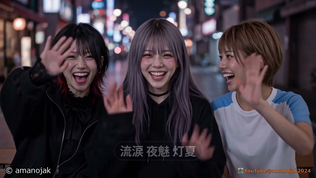 夜の街で3人そろって笑いながら手を振る。流涙夜魅灯夏、の文字