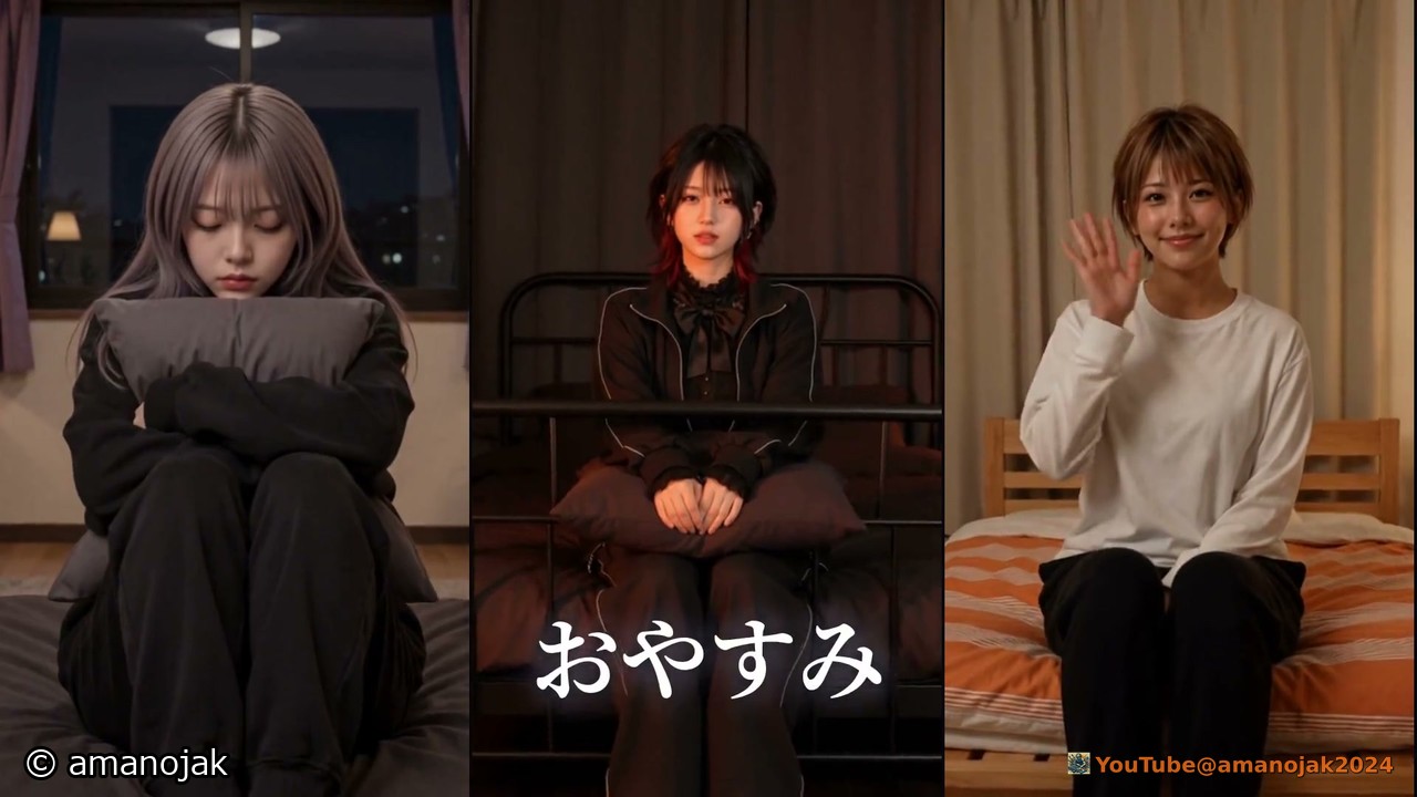 3つに分けた画面でそれぞれの部屋にいる3人。おやすみ、の文字