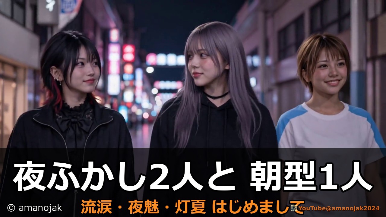 夜の街を歩く3人に、夜ふかし2人と朝型1人、と大きな文字を載せたサムネイル