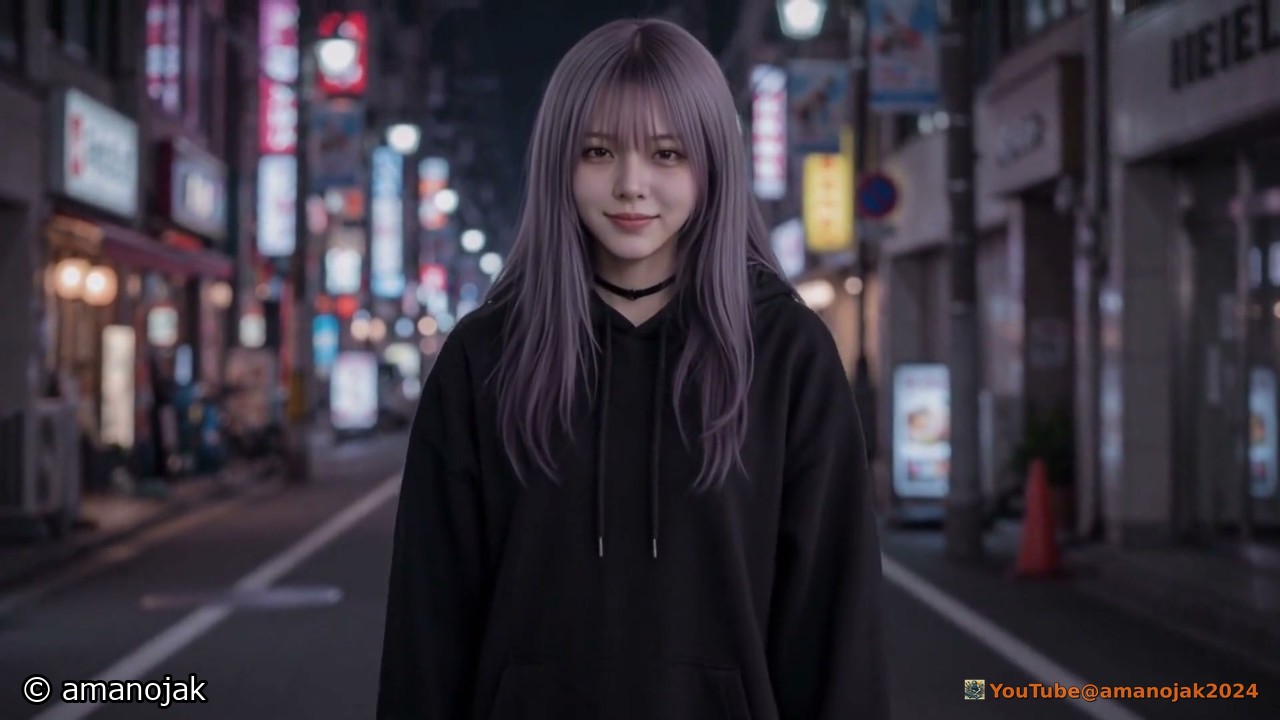 夜の通りの真ん中にひとりで立つ、紫がかった長い髪に黒いパーカーの夜魅