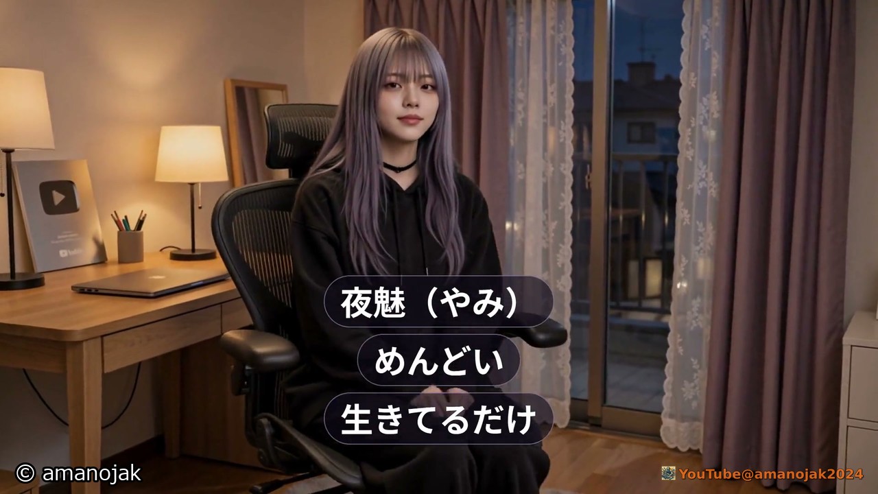デスクとライトのある部屋の椅子に座る夜魅。夜魅(やみ)、めんどい、生きてるだけ、の文字