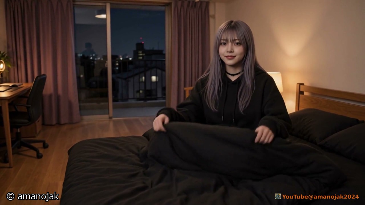 夜の部屋でベッドに座り黒い布団をひざに掛ける夜魅