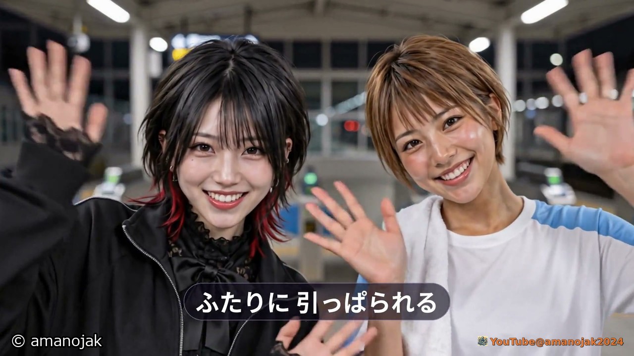 駅のような場所で手を振る流涙と灯夏。ふたりに引っぱられる、の文字