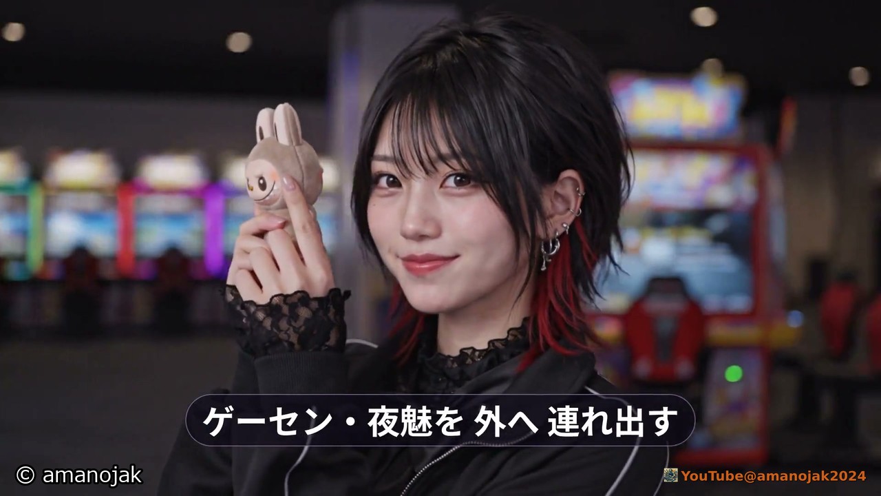 ゲームセンターでうさぎのぬいぐるみを持って笑う流涙。ゲーセン・夜魅を外へ連れ出す、の文字