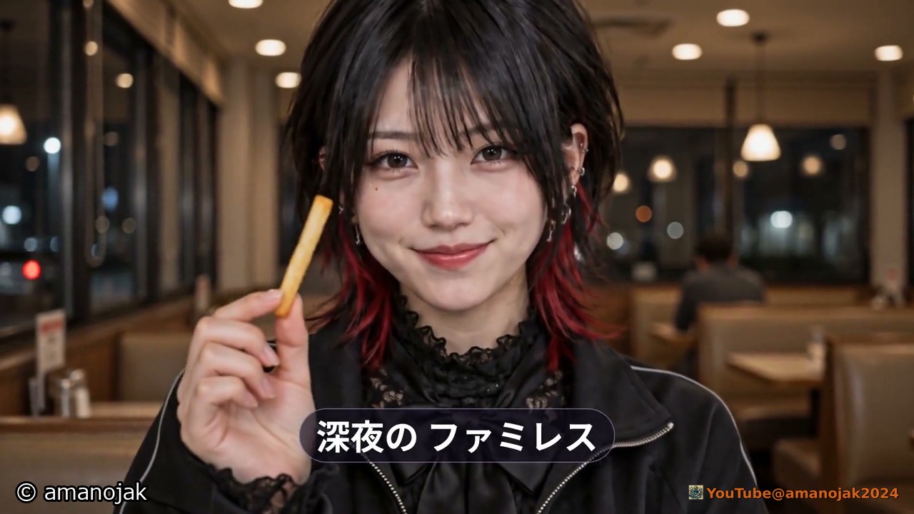 深夜のファミレスでポテトを1本持って笑う流涙