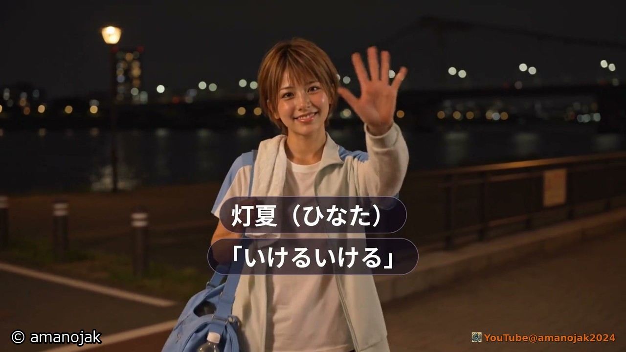 夜の川沿いで手を振る灯夏。灯夏(ひなた)、いけるいける、の文字